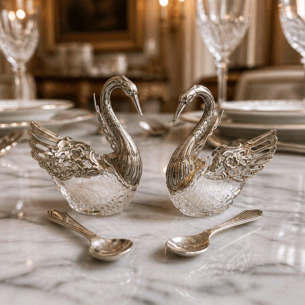 Pair of Vintage Silver-plated Crystal Swan Salt Cellars Hinged Wings and Spoons